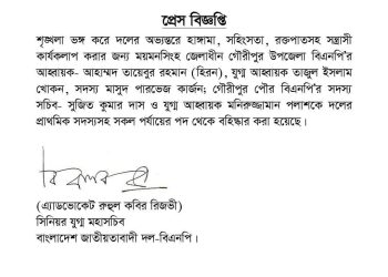 ময়মনসিংহে শৃঙ্খলা ভঙ্গ ও সহিংসতায় জড়িত পাঁচ বিএনপি নেতা বহিষ্কার