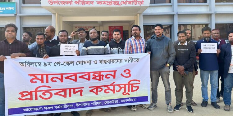 ৯ম পে স্কেল ঘোষণা ও বাস্তবায়নের দাবিতে ধোবাউড়ায় সরকারি কর্মচারীদের মানববন্ধন