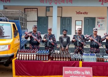 শেরপুর সীমান্তে বিজিবির অভিযানে ৫৭৮ বোতল ভারতীয় মদ ও পিকআপসহ আটক ১